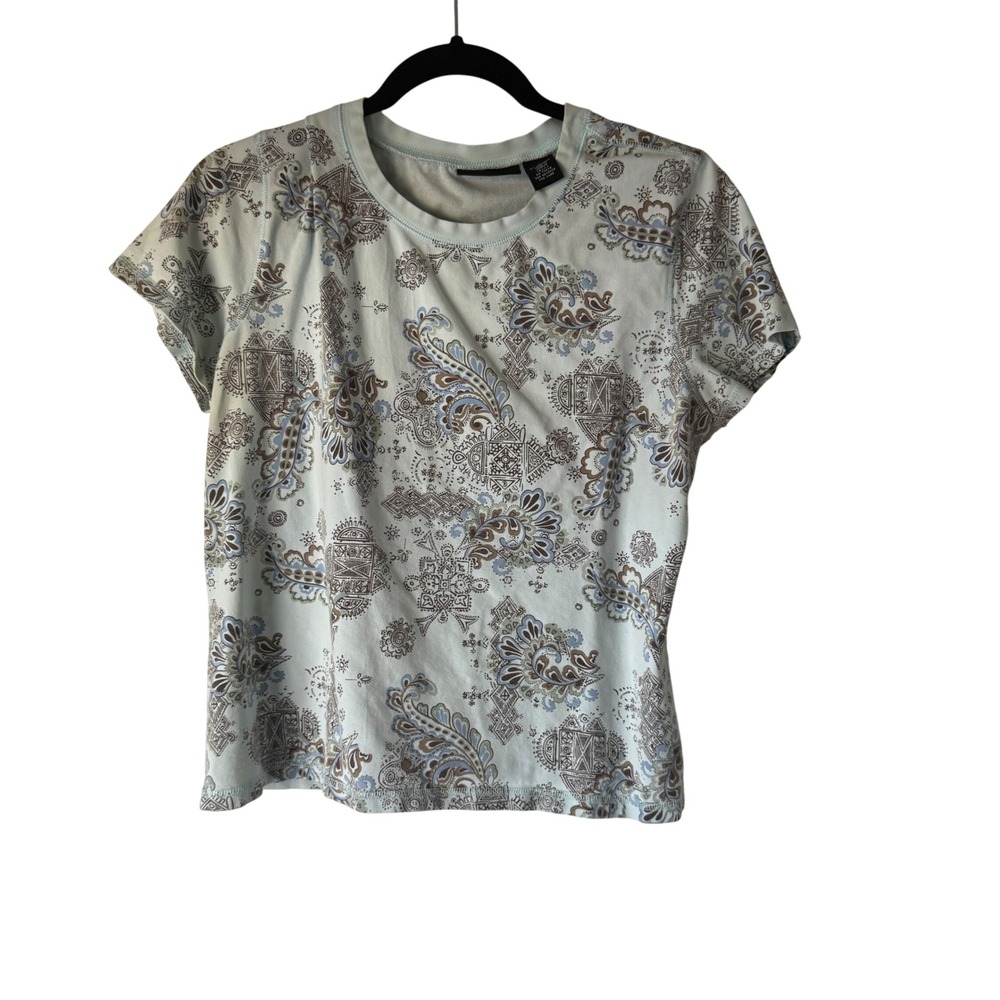 Relativity Women's Y2k Light Blue Paisley Print Short Sleeve T-Shirt Top L Boho
